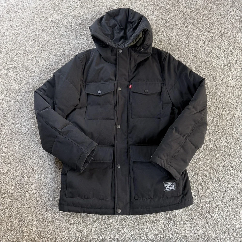 Levi's Jacket Mens Medium Black Hooded Puffer Insulated Snap Pockets Lined